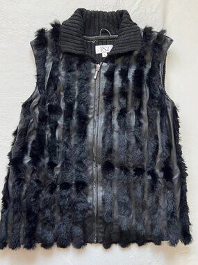VS2 leather vest black knit rabbit fur zip up womens Small striped wool